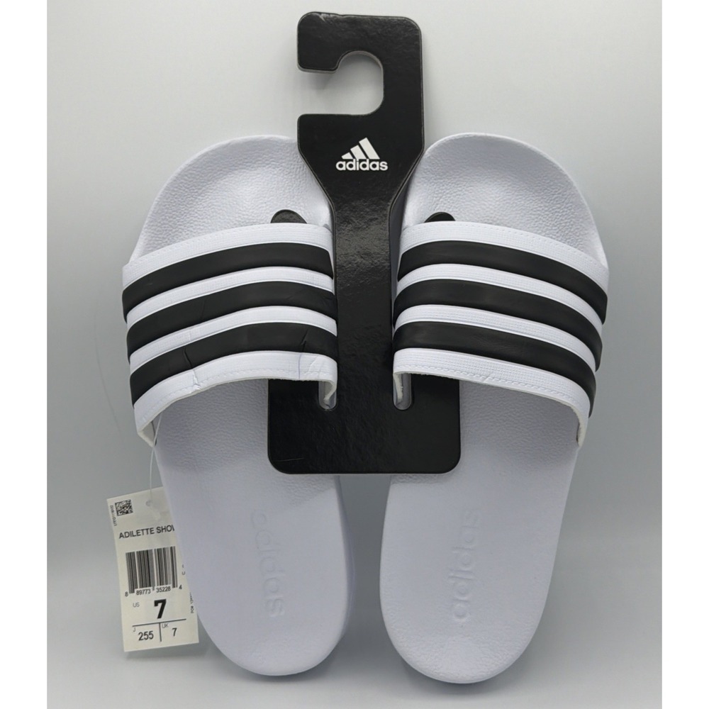 Adidas Adilette Shower Slides Men Size 7 White Black Striped Sandals NEW NWT